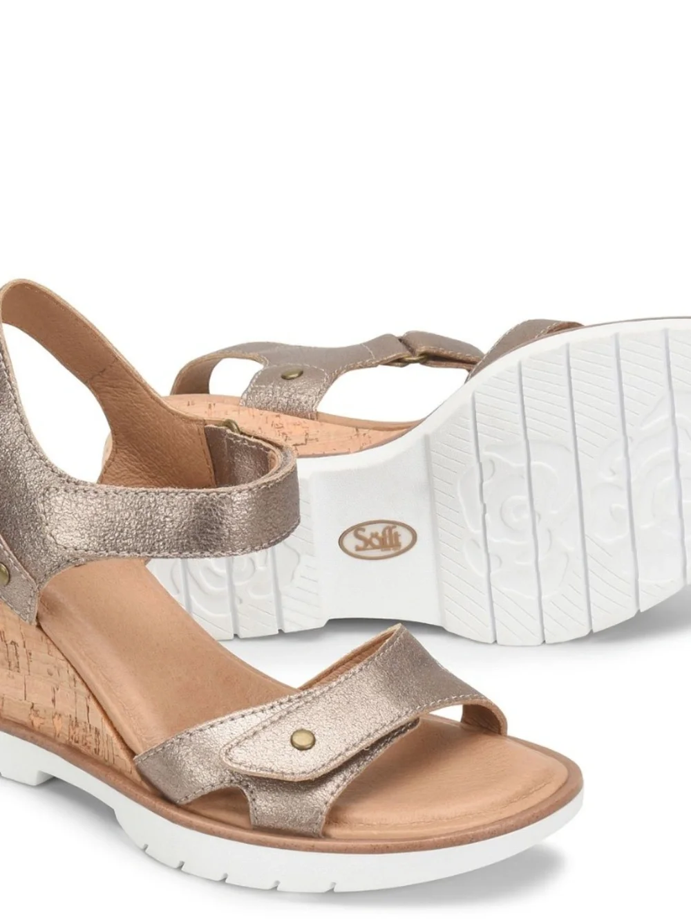 Sofft gold leather and cork wedge sandals.